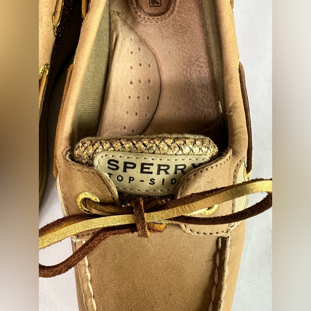 Sperry Womens Songfish Tan Gold Glitter Leather Boat Shoes Loafers Flats 8.5 - Picture 3 of 8
